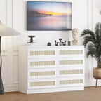 Commode Double 8 Tiroirs en Rotin, Commode de Rangement Moderne en Bois pour Chambre, Chambre d'Enfant, Placard, Salon et Entrée