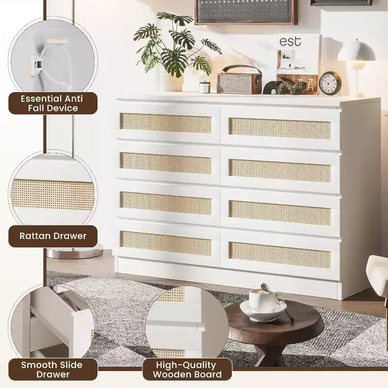 Commode Double 8 Tiroirs en Rotin, Commode de Rangement Moderne en Bois pour Chambre, Chambre d'Enfant, Placard, Salon et Entrée