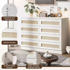 Commode Double 8 Tiroirs en Rotin, Commode de Rangement Moderne en Bois pour Chambre, Chambre d'Enfant, Placard, Salon et Entrée
