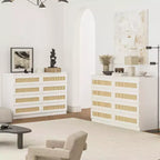 Commode Double 8 Tiroirs en Rotin, Commode de Rangement Moderne en Bois pour Chambre, Chambre d'Enfant, Placard, Salon et Entrée