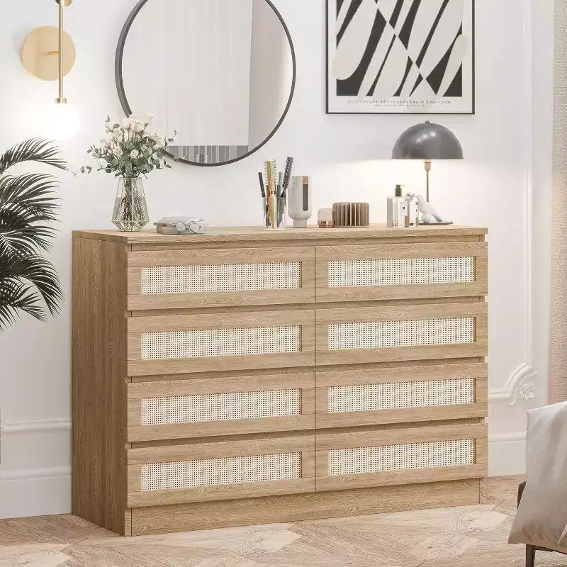 Commode Double 8 Tiroirs en Rotin, Commode de Rangement Moderne en Bois pour Chambre, Chambre d'Enfant, Placard, Salon et Entrée