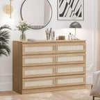Commode Double 8 Tiroirs en Rotin, Commode de Rangement Moderne en Bois pour Chambre, Chambre d'Enfant, Placard, Salon et Entrée