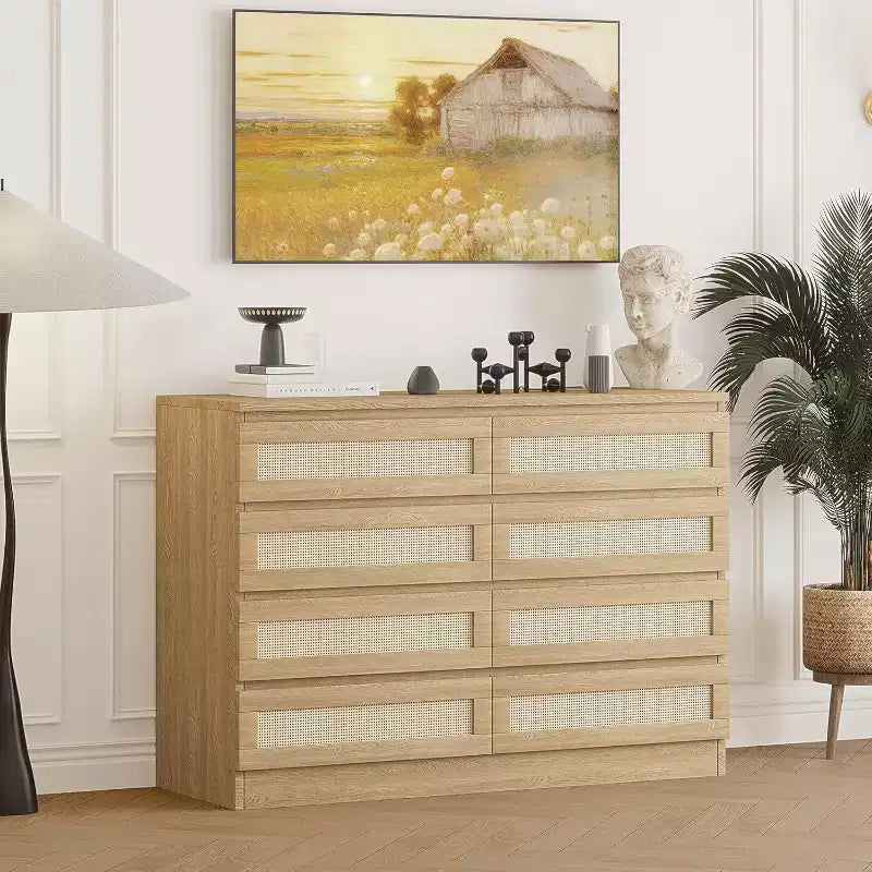 Commode Double 8 Tiroirs en Rotin, Commode de Rangement Moderne en Bois pour Chambre, Chambre d'Enfant, Placard, Salon et Entrée