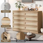 Commode Double 8 Tiroirs en Rotin, Commode de Rangement Moderne en Bois pour Chambre, Chambre d'Enfant, Placard, Salon et Entrée