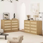 Commode Double 8 Tiroirs en Rotin, Commode de Rangement Moderne en Bois pour Chambre, Chambre d'Enfant, Placard, Salon et Entrée