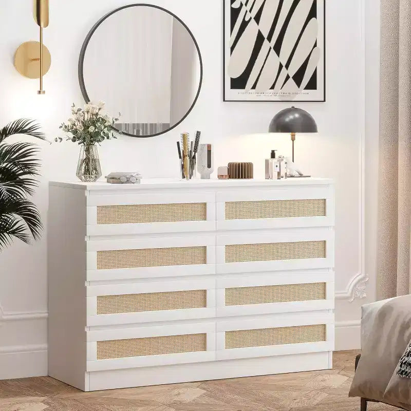 Commode Double 8 Tiroirs en Rotin, Commode de Rangement Moderne en Bois pour Chambre, Chambre d'Enfant, Placard, Salon et Entrée