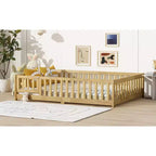 MAYEERTY Lit au sol complet avec clôture et porte, barrières de sécurité en bois d'hévéa beige