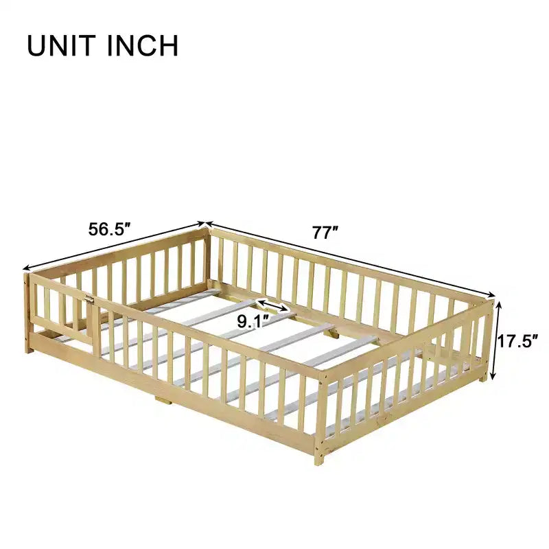 MAYEERTY Lit au sol complet avec clôture et porte, barrières de sécurité en bois d'hévéa beige