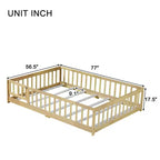 MAYEERTY Lit au sol complet avec clôture et porte, barrières de sécurité en bois d'hévéa beige