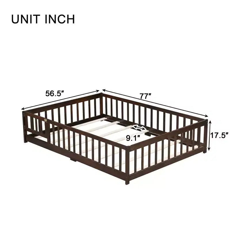 Lit au sol intégral MAYEERTY avec clôture et porte, barrières de lit en bois d'hévéa marron