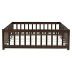 Lit au sol intégral MAYEERTY avec clôture et porte, barrières de lit en bois d'hévéa marron
