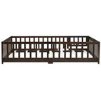 Lit au sol intégral MAYEERTY avec clôture et porte, barrières de lit en bois d'hévéa marron