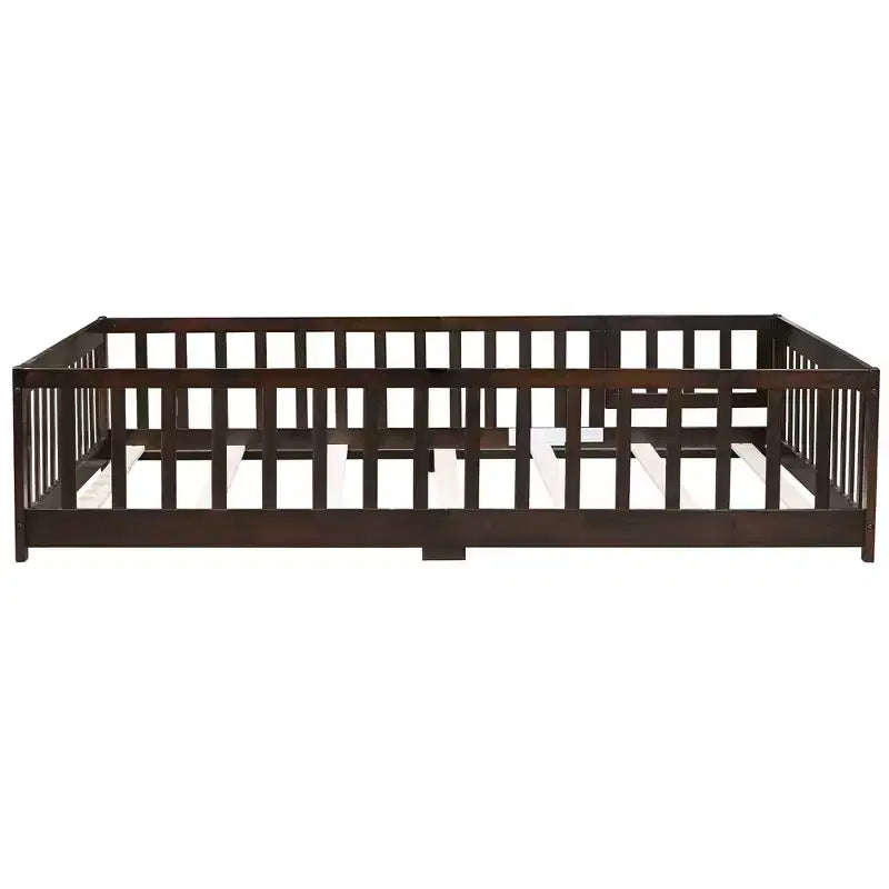 Lit au sol intégral MAYEERTY avec clôture et porte, barrières de lit en bois d'hévéa marron