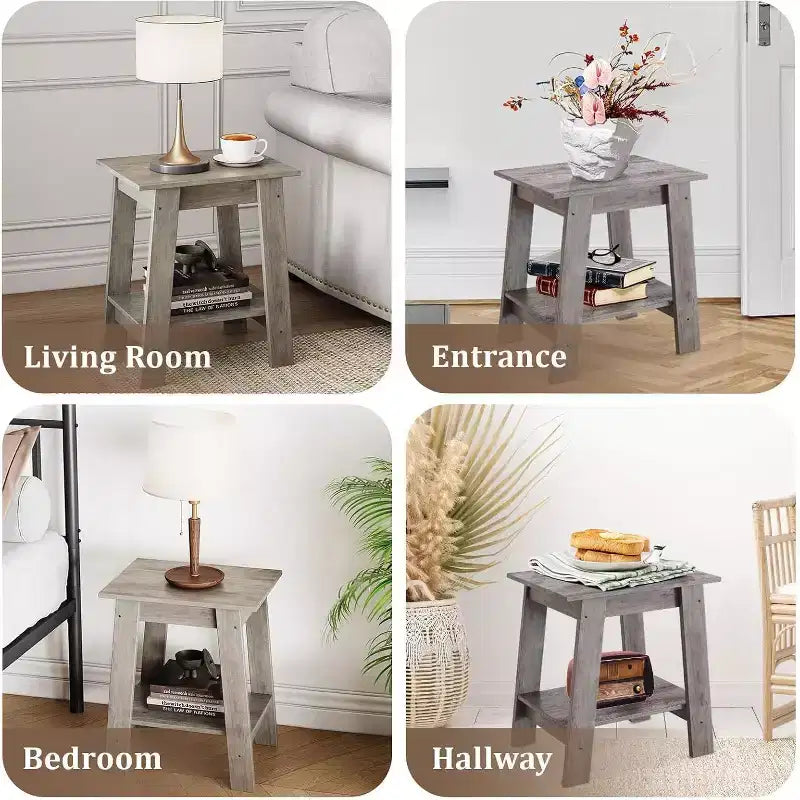DobleePy Table d'appoint rustique grise 2 pièces, table d'appoint à 2 niveaux avec étagère de rangement pour chambre, salon, entrée, design peu encombrant