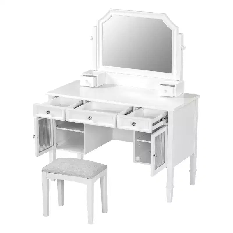 Coiffeuse ModernLuxe avec grand miroir réglable, tabouret et tiroirs, table de maquillage blanche, table d'écriture d'ordinateur multifonctionnelle