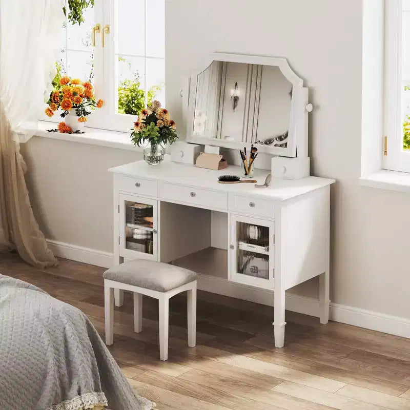 Coiffeuse ModernLuxe avec grand miroir réglable, tabouret et tiroirs, table de maquillage blanche, table d'écriture d'ordinateur multifonctionnelle