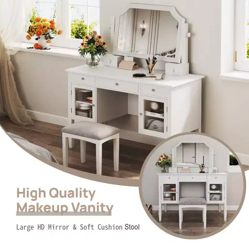 Coiffeuse ModernLuxe avec grand miroir réglable, tabouret et tiroirs, table de maquillage blanche, table d'écriture d'ordinateur multifonctionnelle