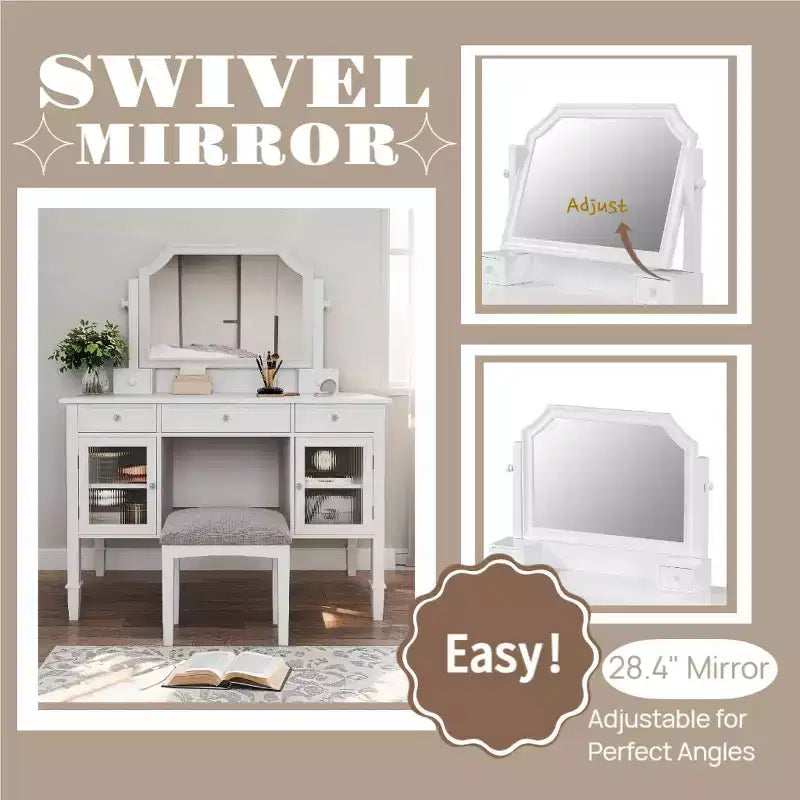Coiffeuse ModernLuxe avec grand miroir réglable, tabouret et tiroirs, table de maquillage blanche, table d'écriture d'ordinateur multifonctionnelle