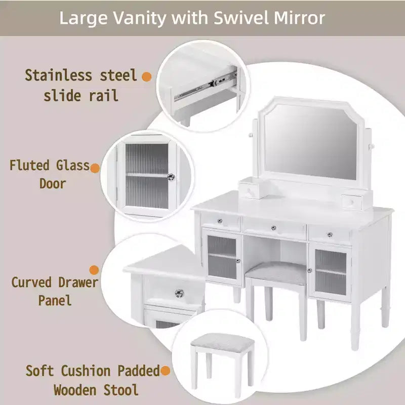 Coiffeuse ModernLuxe avec grand miroir réglable, tabouret et tiroirs, table de maquillage blanche, table d'écriture d'ordinateur multifonctionnelle
