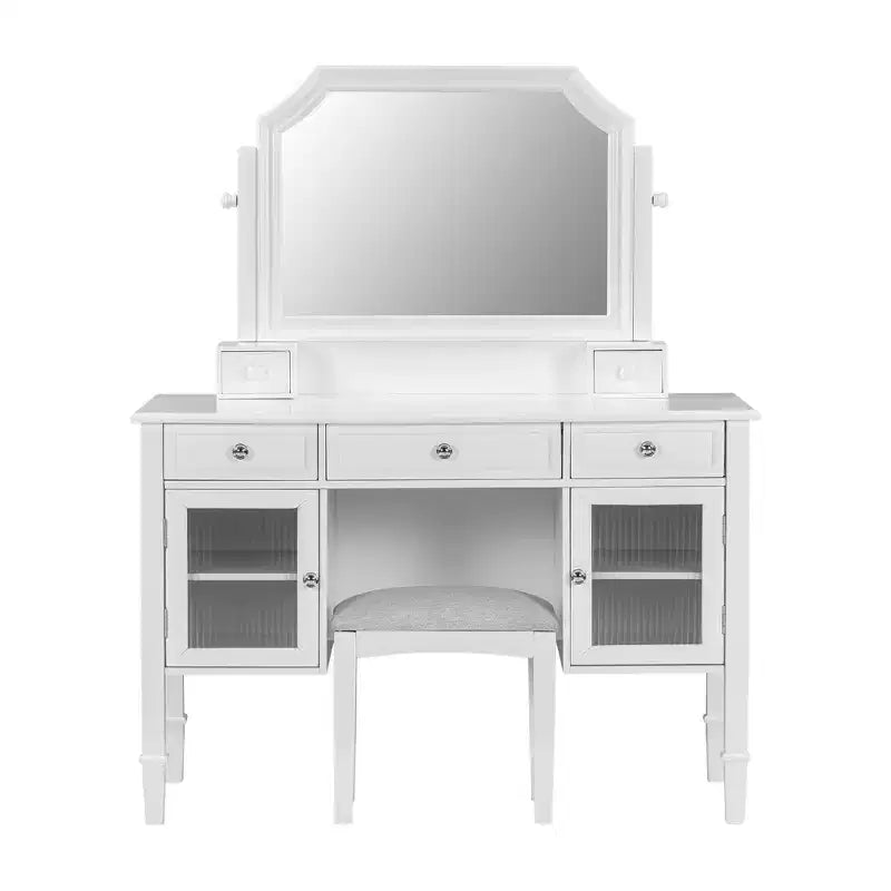 Coiffeuse ModernLuxe avec grand miroir réglable, tabouret et tiroirs, table de maquillage blanche, table d'écriture d'ordinateur multifonctionnelle
