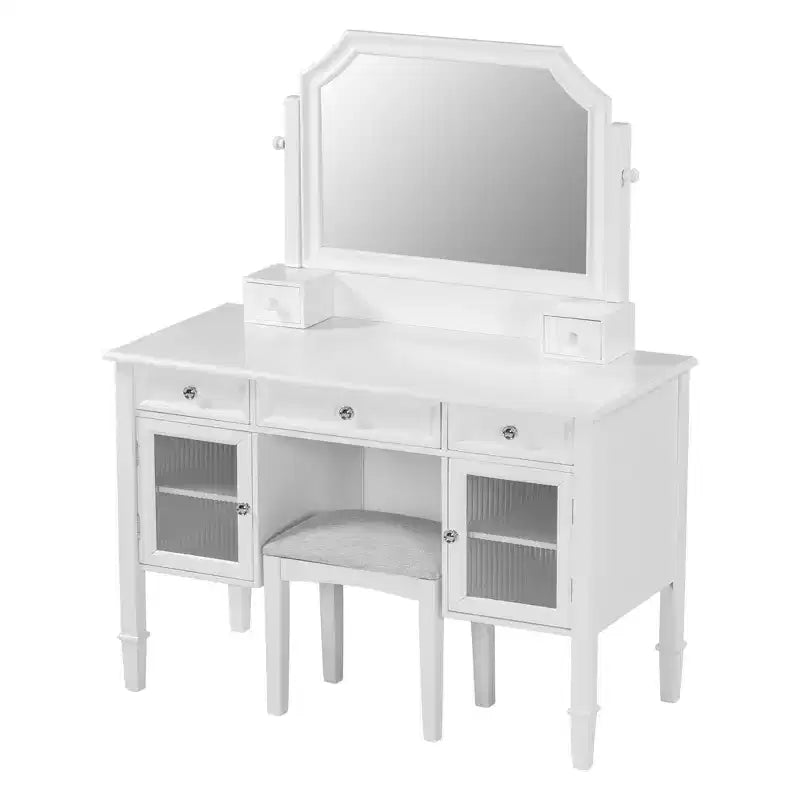 Coiffeuse ModernLuxe avec grand miroir réglable, tabouret et tiroirs, table de maquillage blanche, table d'écriture d'ordinateur multifonctionnelle