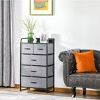 Commode Okak pour chambre à coucher avec 9 tiroirs, commode de rangement avec bacs en tissu faciles à tirer, cadre en acier avec plateau en bois pour placard, buanderie, entrée