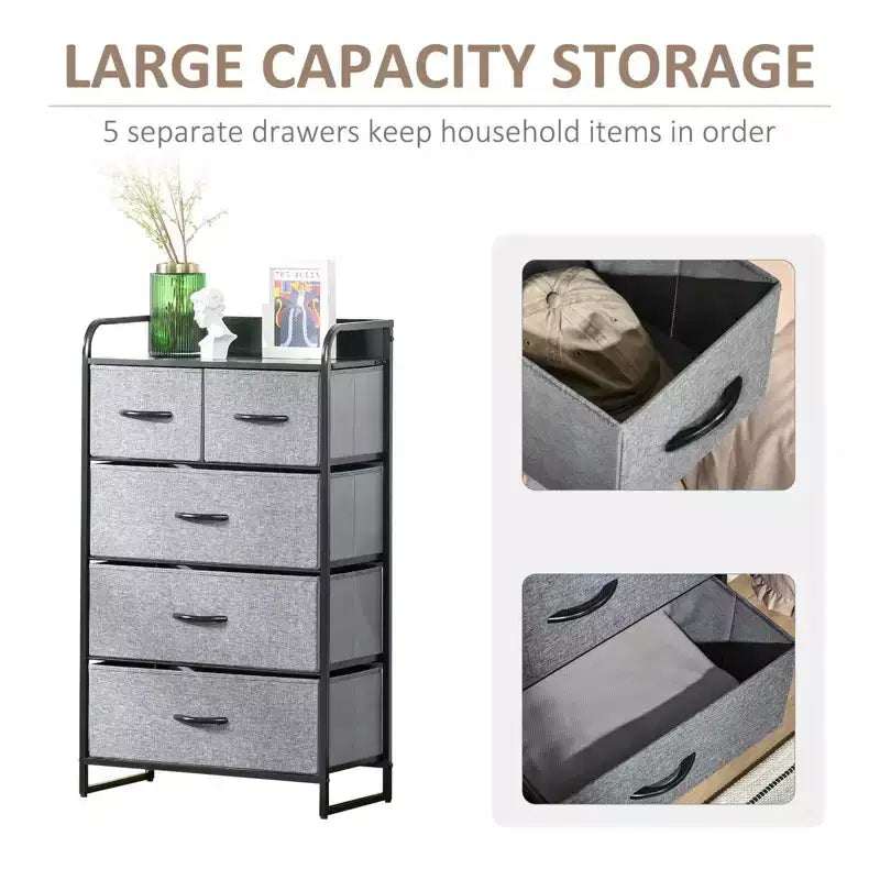 Commode Okak pour chambre à coucher avec 9 tiroirs, commode de rangement avec bacs en tissu faciles à tirer, cadre en acier avec plateau en bois pour placard, buanderie, entrée
