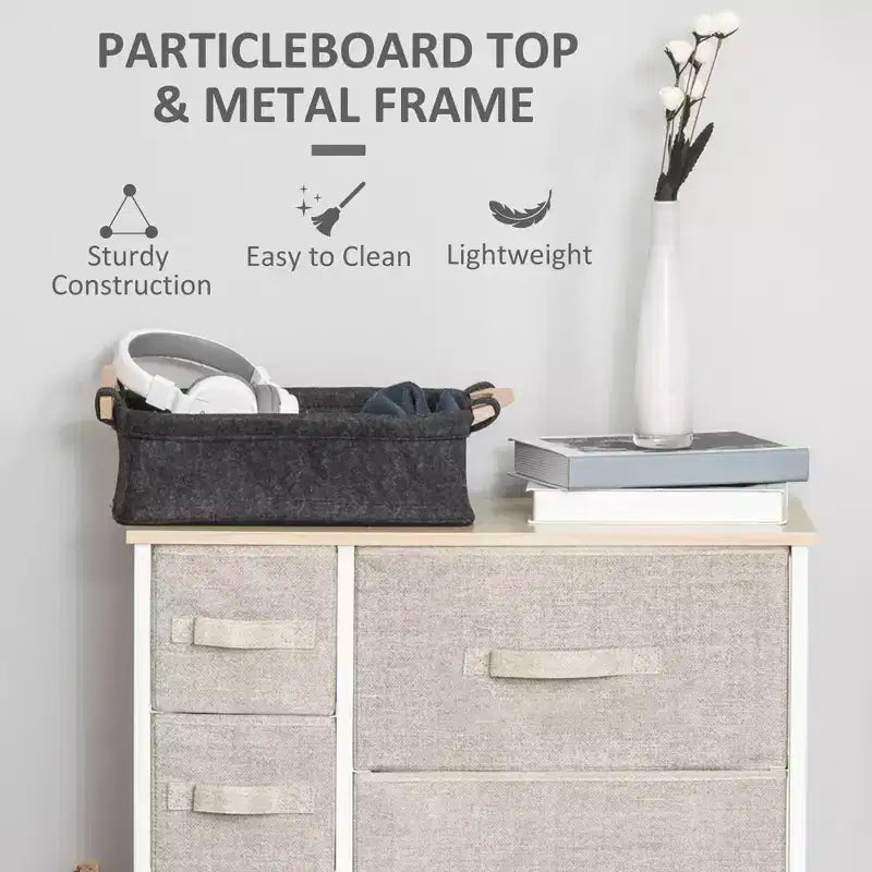 Commode Okak pour chambre à coucher avec 9 tiroirs, commode de rangement avec bacs en tissu faciles à tirer, cadre en acier avec plateau en bois pour placard, buanderie, entrée
