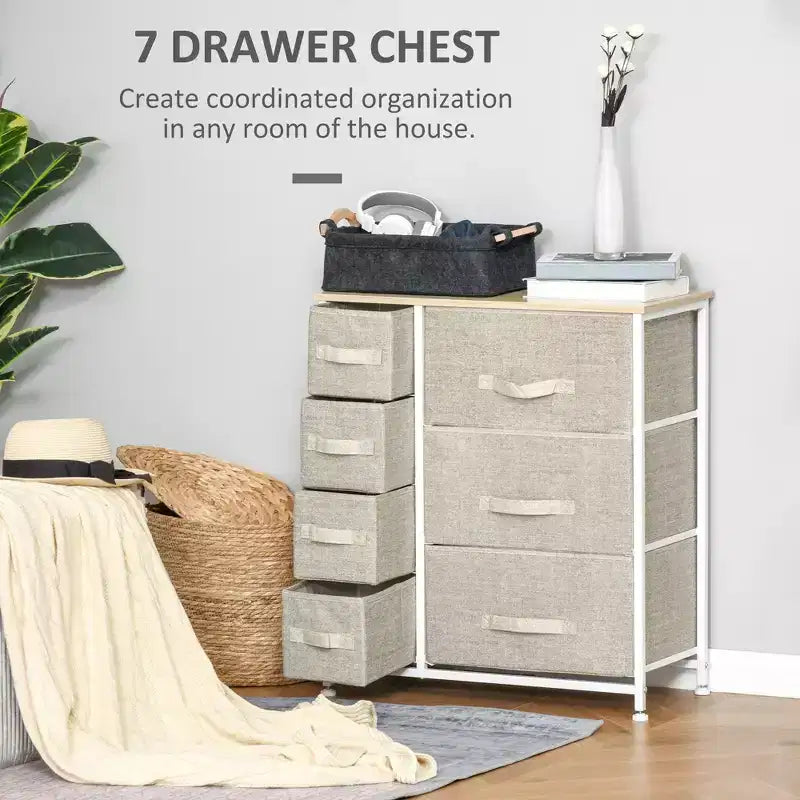 Commode Okak pour chambre à coucher avec 9 tiroirs, commode de rangement avec bacs en tissu faciles à tirer, cadre en acier avec plateau en bois pour placard, buanderie, entrée