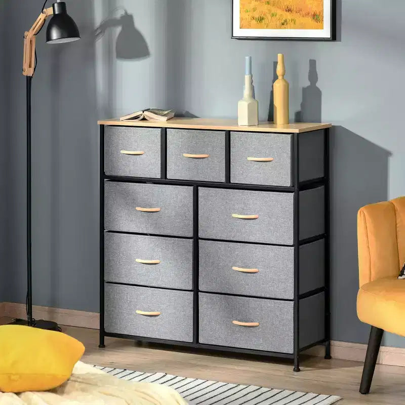 Commode Okak pour chambre à coucher avec 9 tiroirs, commode de rangement avec bacs en tissu faciles à tirer, cadre en acier avec plateau en bois pour placard, buanderie, entrée