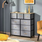 Commode Okak pour chambre à coucher avec 9 tiroirs, commode de rangement avec bacs en tissu faciles à tirer, cadre en acier avec plateau en bois pour placard, buanderie, entrée