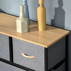 Commode Okak pour chambre à coucher avec 9 tiroirs, commode de rangement avec bacs en tissu faciles à tirer, cadre en acier avec plateau en bois pour placard, buanderie, entrée