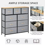 Commode Okak pour chambre à coucher avec 9 tiroirs, commode de rangement avec bacs en tissu faciles à tirer, cadre en acier avec plateau en bois pour placard, buanderie, entrée