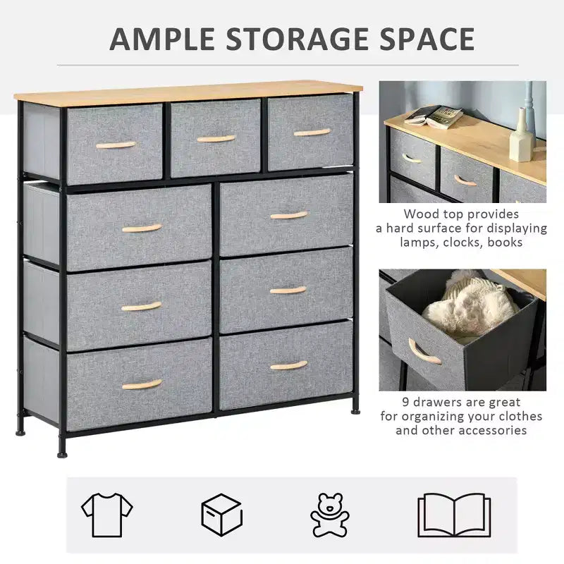 Commode Okak pour chambre à coucher avec 9 tiroirs, commode de rangement avec bacs en tissu faciles à tirer, cadre en acier avec plateau en bois pour placard, buanderie, entrée