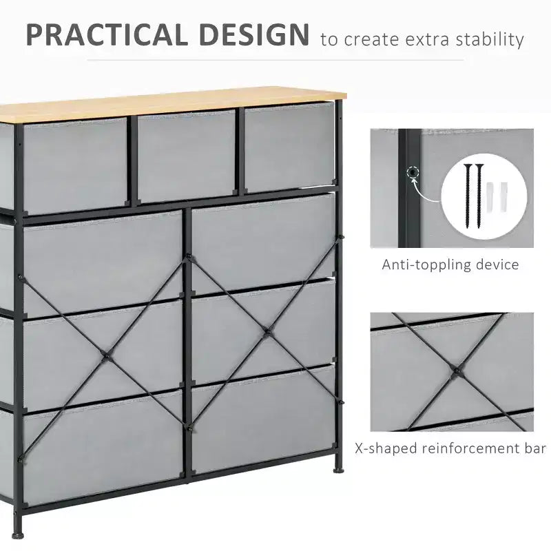 Commode Okak pour chambre à coucher avec 9 tiroirs, commode de rangement avec bacs en tissu faciles à tirer, cadre en acier avec plateau en bois pour placard, buanderie, entrée
