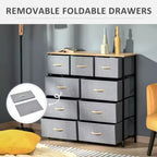 Commode Okak pour chambre à coucher avec 9 tiroirs, commode de rangement avec bacs en tissu faciles à tirer, cadre en acier avec plateau en bois pour placard, buanderie, entrée