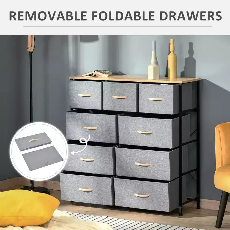 Commode Okak pour chambre à coucher avec 9 tiroirs, commode de rangement avec bacs en tissu faciles à tirer, cadre en acier avec plateau en bois pour placard, buanderie, entrée