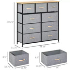 Commode Okak pour chambre à coucher avec 9 tiroirs, commode de rangement avec bacs en tissu faciles à tirer, cadre en acier avec plateau en bois pour placard, buanderie, entrée