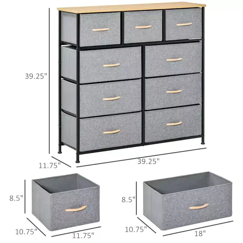 Commode Okak pour chambre à coucher avec 9 tiroirs, commode de rangement avec bacs en tissu faciles à tirer, cadre en acier avec plateau en bois pour placard, buanderie, entrée