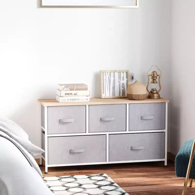Commode Okak pour chambre à coucher avec 9 tiroirs, commode de rangement avec bacs en tissu faciles à tirer, cadre en acier avec plateau en bois pour placard, buanderie, entrée