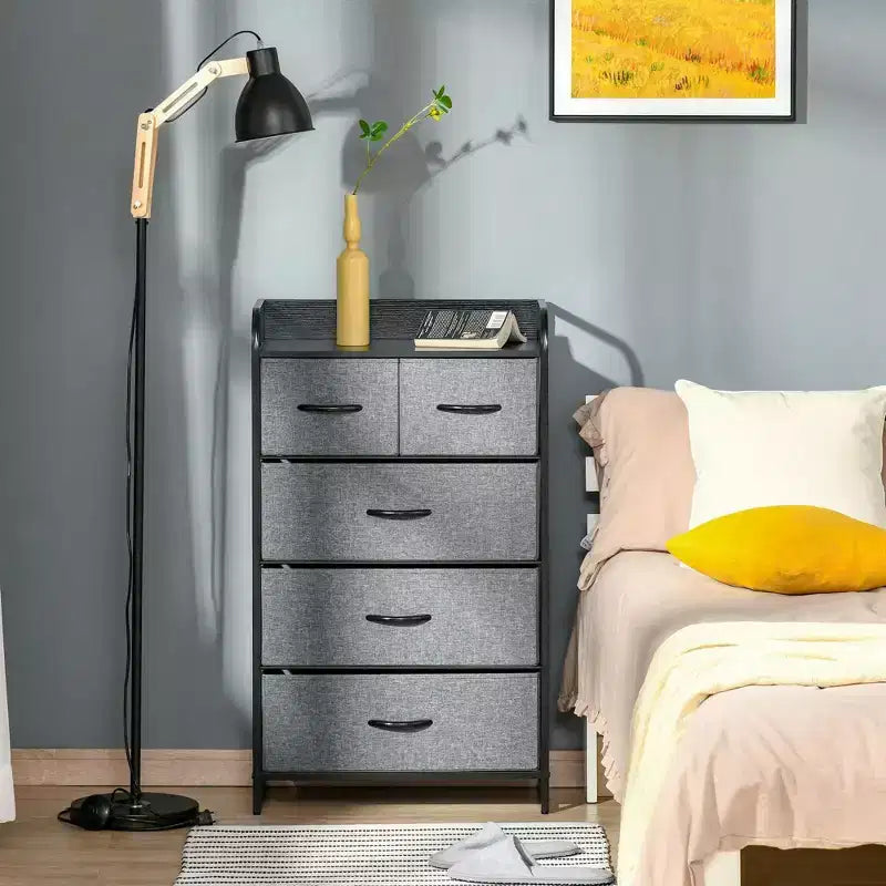 Commode Okak pour chambre à coucher avec 9 tiroirs, commode de rangement avec bacs en tissu faciles à tirer, cadre en acier avec plateau en bois pour placard, buanderie, entrée