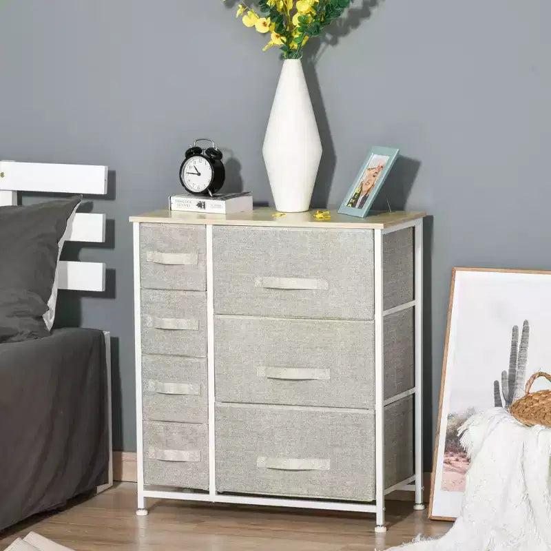 Commode Okak pour chambre à coucher avec 9 tiroirs, commode de rangement avec bacs en tissu faciles à tirer, cadre en acier avec plateau en bois pour placard, buanderie, entrée