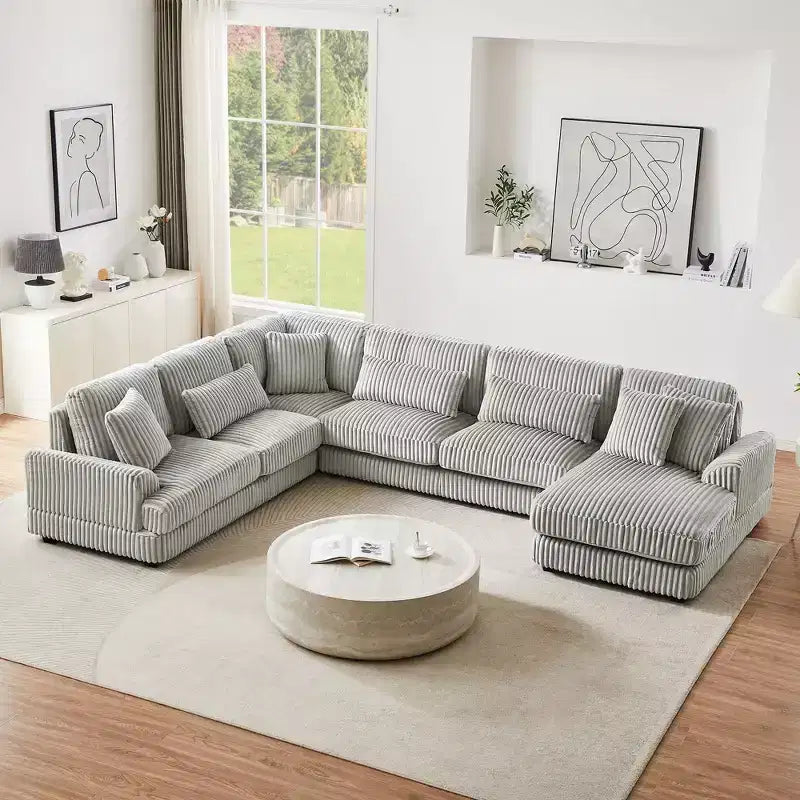 Grand canapé sectionnel en U de 129 pouces, canapé moderne rembourré en velours côtelé doux avec méridienne pour salon, beige