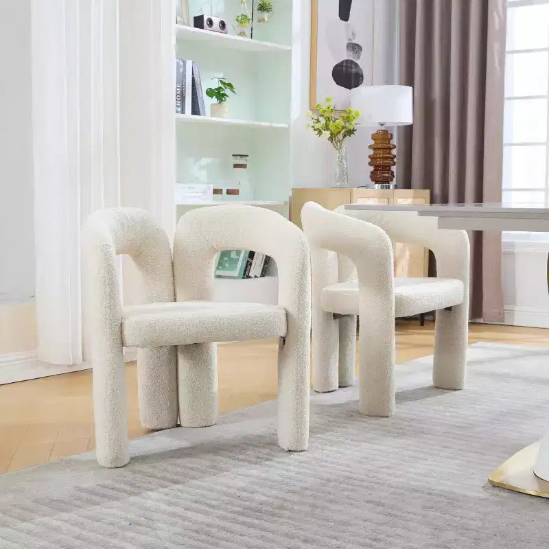 MAYEERTY Fauteuil d'appoint moderne en chenille douce - Dossier ouvert, 3 pieds cylindriques - Confortable, ensemble de 2 chaises de salle à manger (Beige)