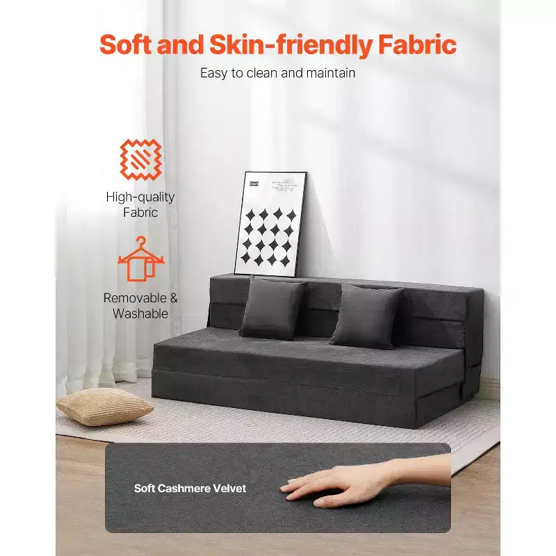 Canapé-lit pliant VEVOR, canapé-lit pliant 3-en-1 avec 2 oreillers et housse lavable, lit de repos en mousse à mémoire de forme haute densité 25D, gris foncé (grand lit)