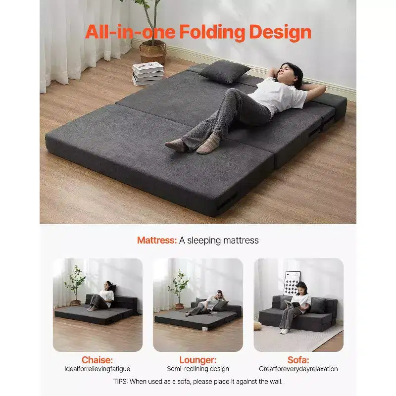 Canapé-lit pliant VEVOR, canapé-lit pliant 3-en-1 avec 2 oreillers et housse lavable, lit de repos en mousse à mémoire de forme haute densité 25D, gris foncé (grand lit)