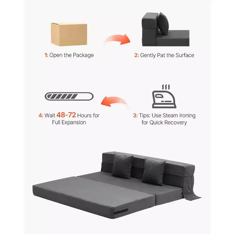 Canapé-lit pliant VEVOR, canapé-lit pliant 3-en-1 avec 2 oreillers et housse lavable, lit de repos en mousse à mémoire de forme haute densité 25D, gris foncé (grand lit)