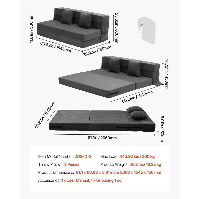 Canapé-lit pliant VEVOR, canapé-lit pliant 3-en-1 avec 2 oreillers et housse lavable, lit de repos en mousse à mémoire de forme haute densité 25D, gris foncé (grand lit)