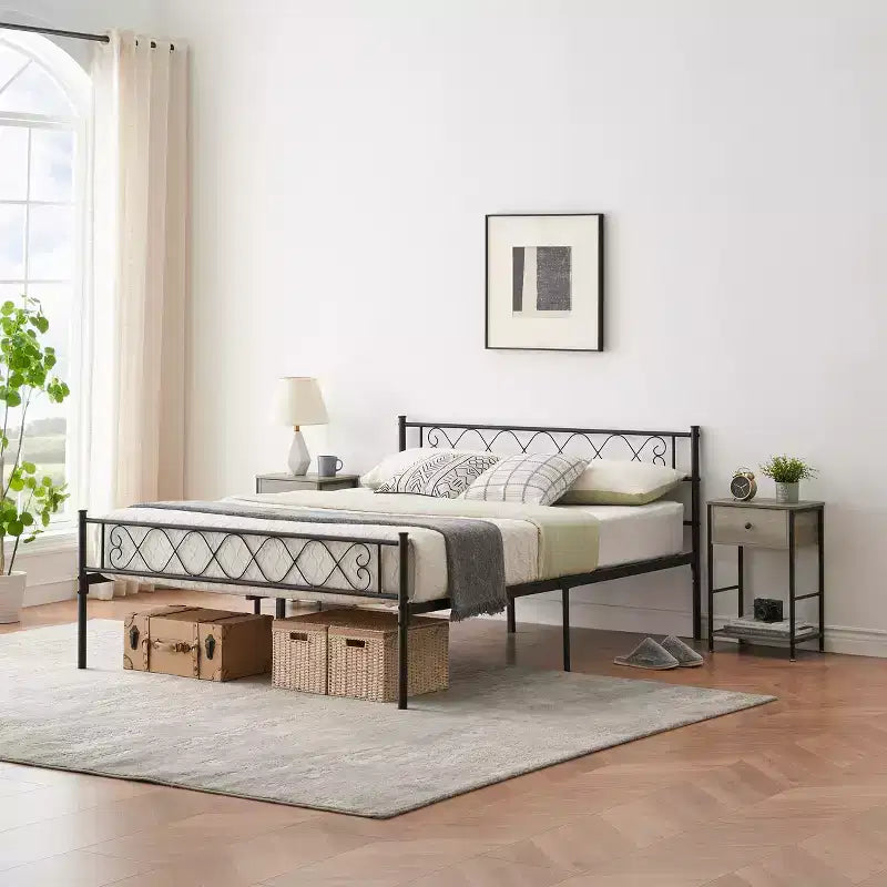 1-Piece Modern Metal Bed Frame - 13.7 Underbed Storage, Headboard & Footboard with Metal Slats, No Box Spring Needed