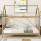 MAYEERTY Twin Rubber Wood Bed with House Frame Beige